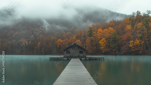 A Small Wooden House Located on the Shore of an Emerald Lake

 photo