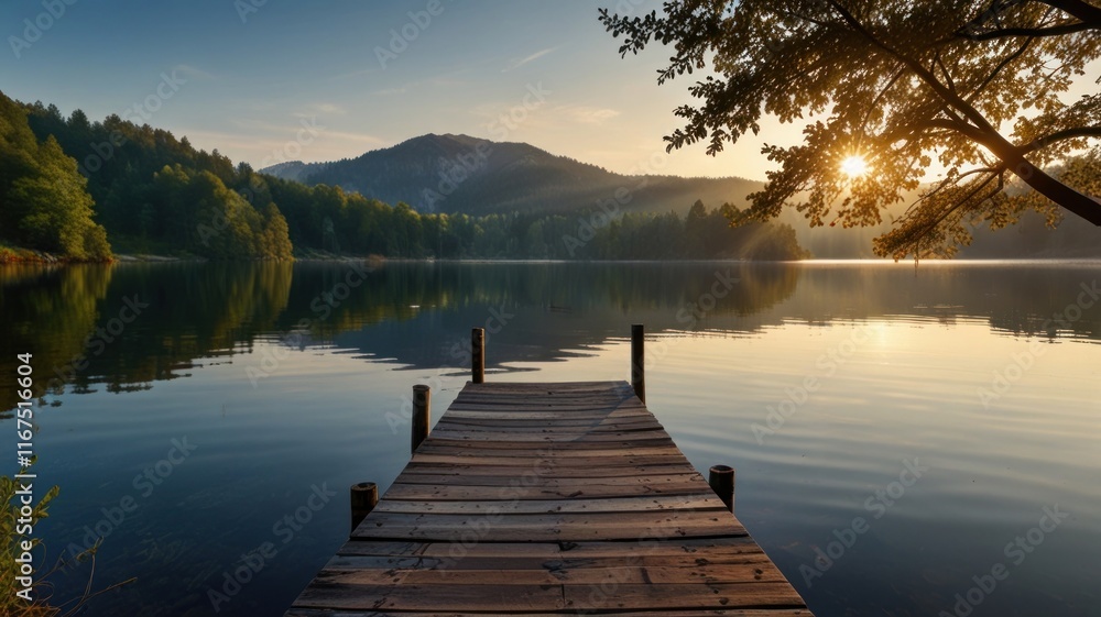Fototapeta premium Serene sunrise over calm lake with wooden dock.