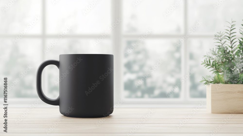 Obraz premium A matte black mug sits on a light wood surface near a window with a blurred-out winter scene. Simple, clean aesthetic.