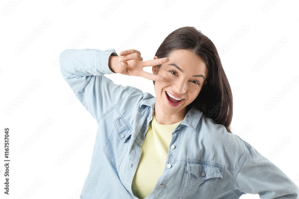 Beautiful young happy woman showing victory gesture on white background Beautiful young happy woman showing victory gesture on white background