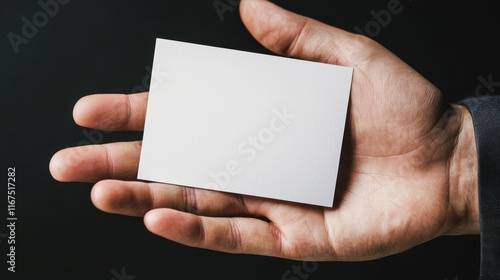 Hand presenting blank business card studio setting macro shot professional environment close-up view branding concept photo