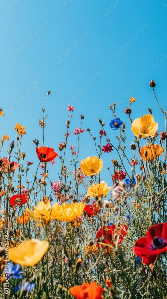 Obraz premium Vibrant spring meadow with blooming wildflowers in a scenic countryside landscape Colorful and lush field of flowers in full bloom under a bright blue sky with a tranquil