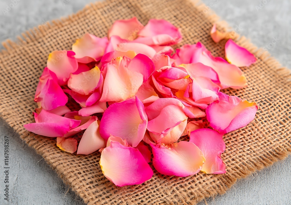 Pink rose petals on burlap cloth, textured, on gray background. Pink rose petals on burlap cloth, textured, on gray background.
