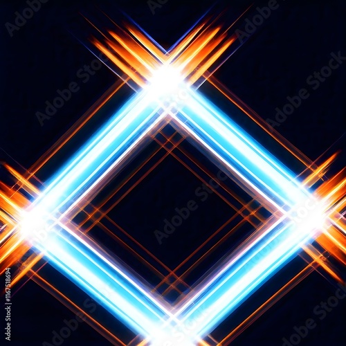 Glowing Neon Light Diamond Shape with Electric Blue and Fiery Orange Streaks on a Dark Background Creating a Futuristic Abstract Design