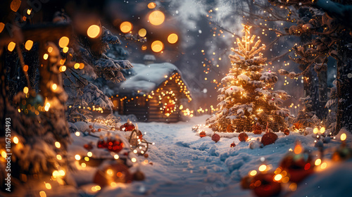 Christmas tree and beaver hut decorated with bright lights and toys. There is fluffy snow, snowflakes falling, creation of winter magic atmosphere. Christmas postcard.