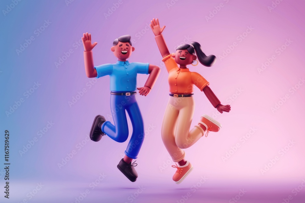 Joyful 3D rendered characters, a man and woman, leap with excitement against a vibrant purple backdrop. Joyful 3D rendered characters, a man and woman, leap with excitement against a vibrant purple backdrop.