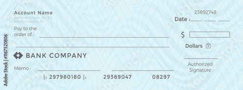 Bank check, vector blank money cheque, checkbook template with guilloche pattern and fields document with spaces for the payee, date, dollar amount, memo, and signature