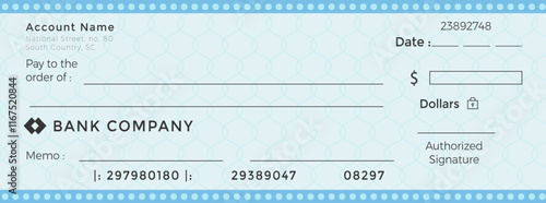 Bank check, vector blank money cheque, checkbook template with guilloche pattern and fields