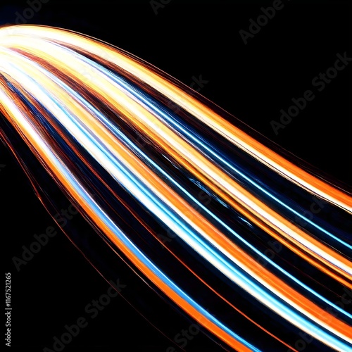 Dynamic Curved Neon Light Streaks in Vibrant Blue and Orange Tones on a Dark Background Creating a Futuristic Abstract Design