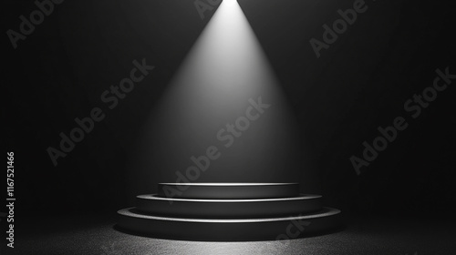 A single spotlight shines on an empty modern podium creating a stark contrast between light and shadow symbolizing focus potential opportunity clarity in a minimalistic setting against chaos

 photo