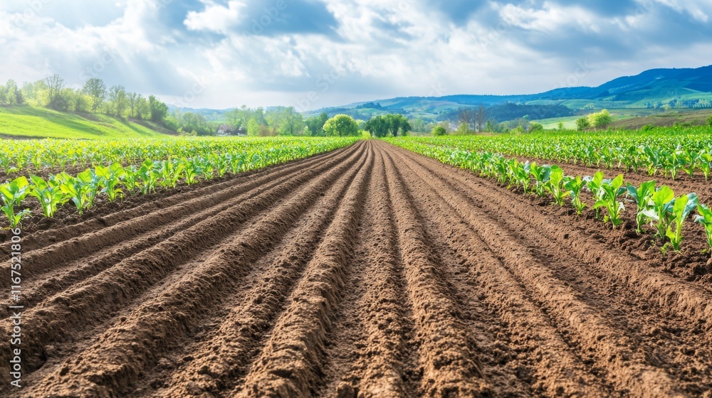 Overcast Field with Green Crops and Furrows Overcast Field with Green Crops and Furrows