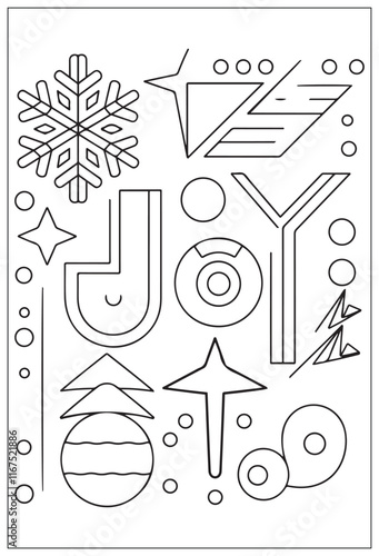 Winter holidays joy themed coloring page with christmas tree ornaments and cute cheerful snowman