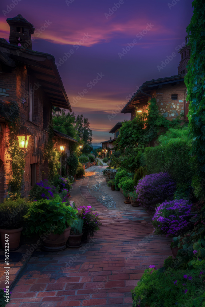 Fototapeta premium Picturesque cobblestone path with lush greenery and glowing lanterns under a vibrant purple sunset in a charming village