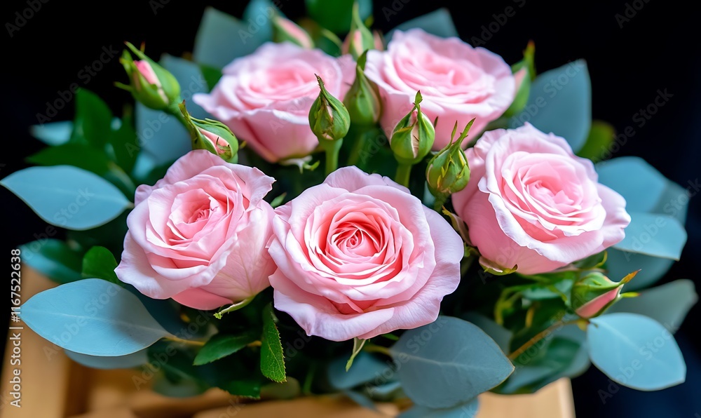 Pink roses bouquet with buds and green eucalyptus leaves. Pink roses bouquet with buds and green eucalyptus leaves.