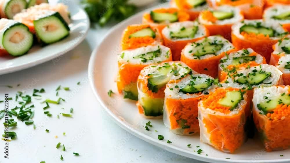 A close-up of colorful vegetable sushi rolls, filled with fresh cucumber, carrots, and rice, garnished with herbs for a vibrant presentation. A close-up of colorful vegetable sushi rolls, filled with fresh cucumber, carrots, and rice, garnished with herbs for a vibrant presentation.
