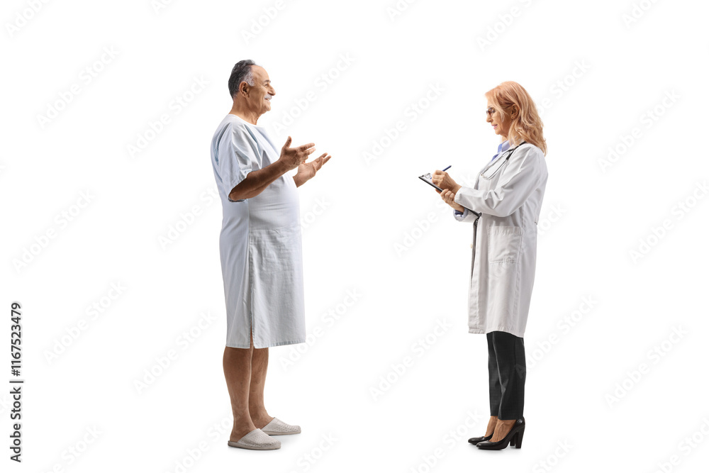Patient in a hospital gown talking to a female physician Patient in a hospital gown talking to a female physician
