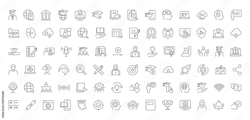 E-Learning Icons Pack. Distance learning thin line collection set. Included smart Learning, online education, video courses, graduation and more. Vector illustration. E-Learning Icons Pack. Distance learning thin line collection set. Included smart Learning, online education, video courses, graduation and more. Vector illustration.