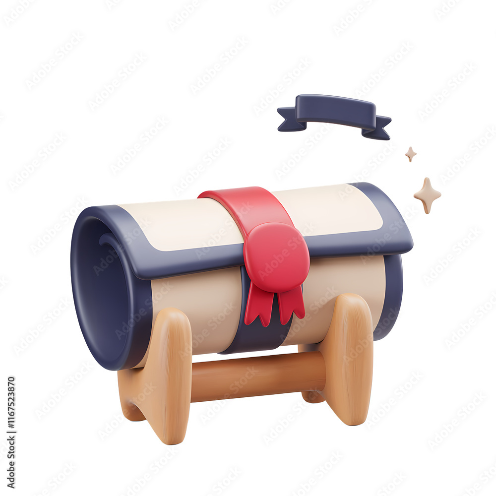 Naklejka premium A 3D render of a cartoon-style diploma with a red ribbon. The diploma is folded and placed on a wooden stand. There are minimalistic stars and a banner above the diploma.