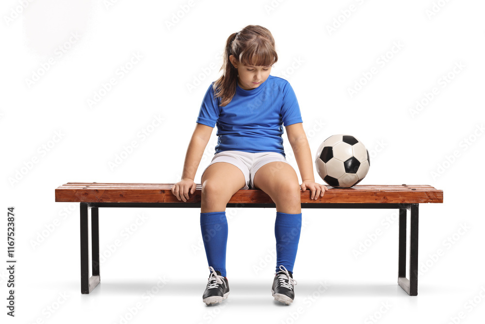 Sad girl with a football sitting on a bench Sad girl with a football sitting on a bench