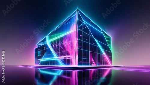 A striking abstract illustration depicting a modern glass building infused with colorful lights, designed to create a vibrant wallpaper or background ideal for best-selling visuals