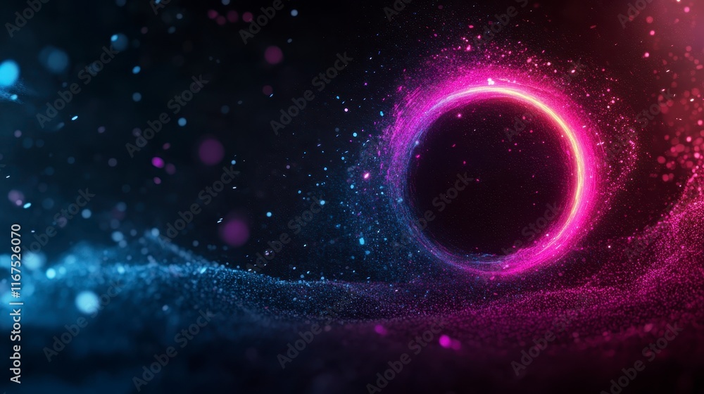 A vibrant cosmic design featuring a glowing circular shape surrounded by swirling particles in shades of pink, blue, and dark tones. A vibrant cosmic design featuring a glowing circular shape surrounded by swirling particles in shades of pink, blue, and dark tones.