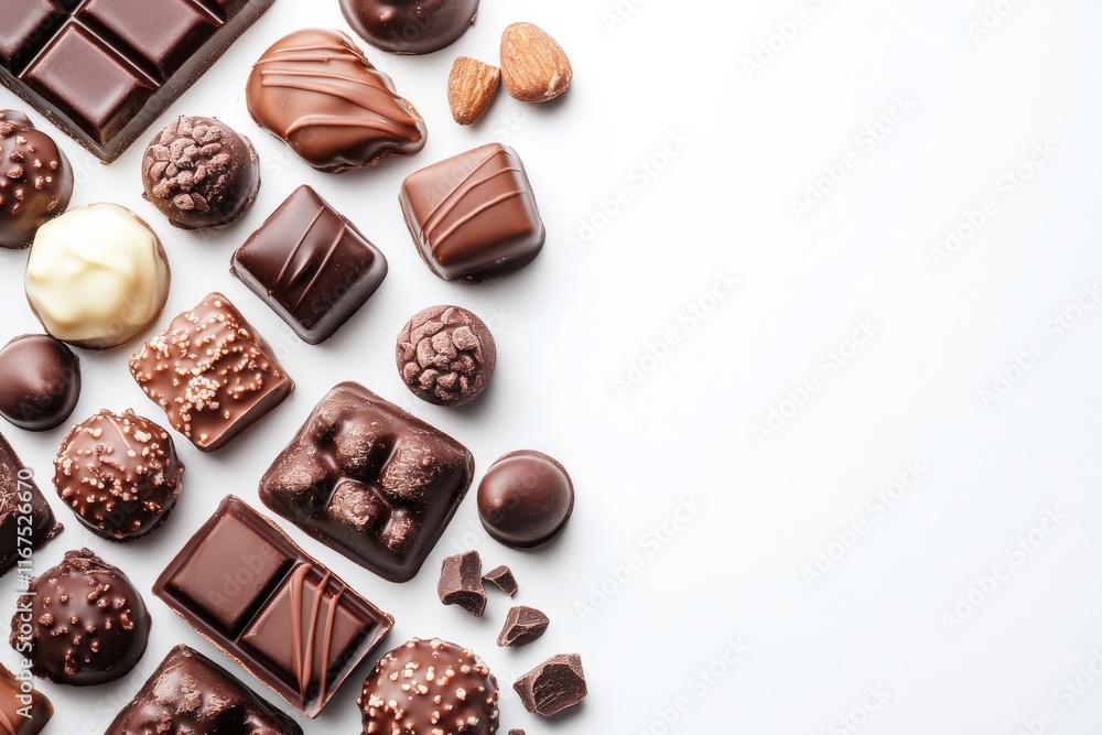 Delicious assortment of handcrafted chocolates elegantly arranged on a white background Delicious assortment of handcrafted chocolates elegantly arranged on a white background