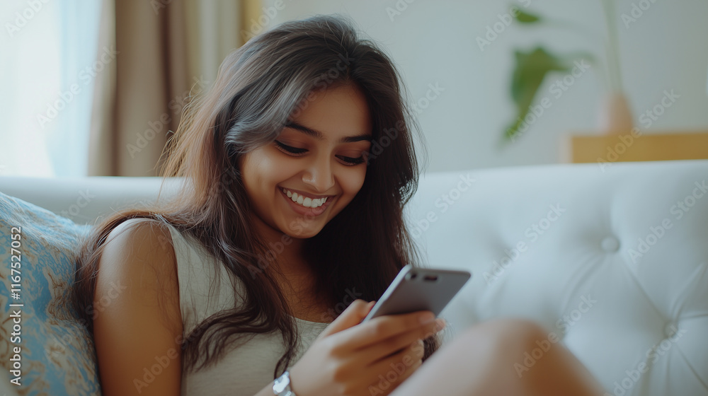 Indian girl using her mobile phone in her daily life in living room, social media, online shopping, chatting, Indian girl using her mobile phone in her daily life in living room, social media, online shopping, chatting,