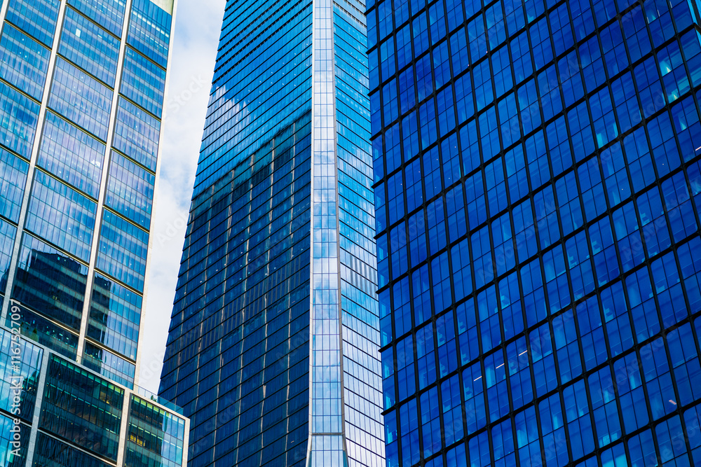 Fototapeta premium Skyscraper futuristic structures. Modern city perspective. Skyscraper in metropolis city. City downtown with skyscraper in perspective. Perspective view. Skyscraper building architecture