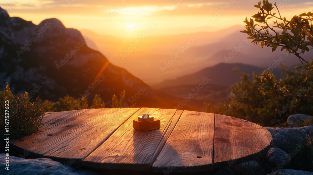 Fototapeta premium Scenic mountaintop proposal with sunset and wooden plank