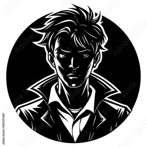 Mysterious Male Character Black and White Vector Illustration