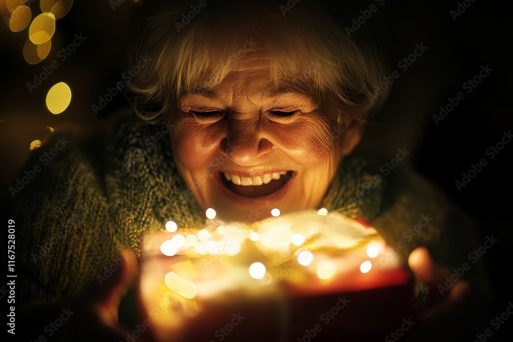 Naklejka premium Elderly woman joyfully opens glowing gift.