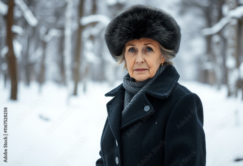 Winter forest portrait of a middle-aged woman with a somber expression Winter forest portrait of a middle-aged woman with a somber expression