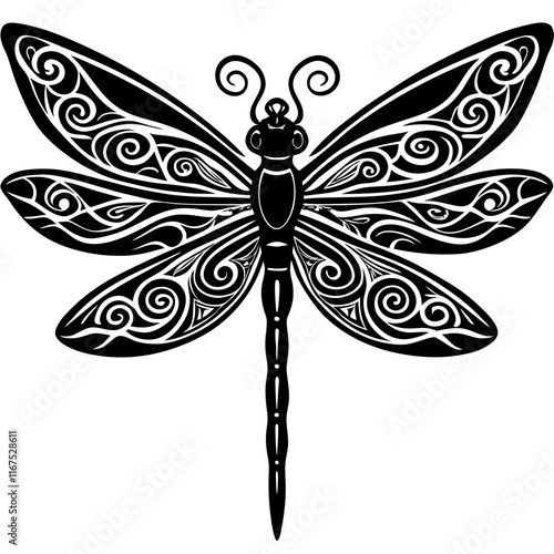 Ornate Black and White Dragonfly Vector Illustration