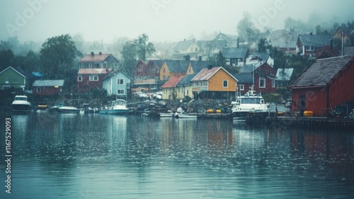 Quaint village with colorful houses by misty lake on rainy day