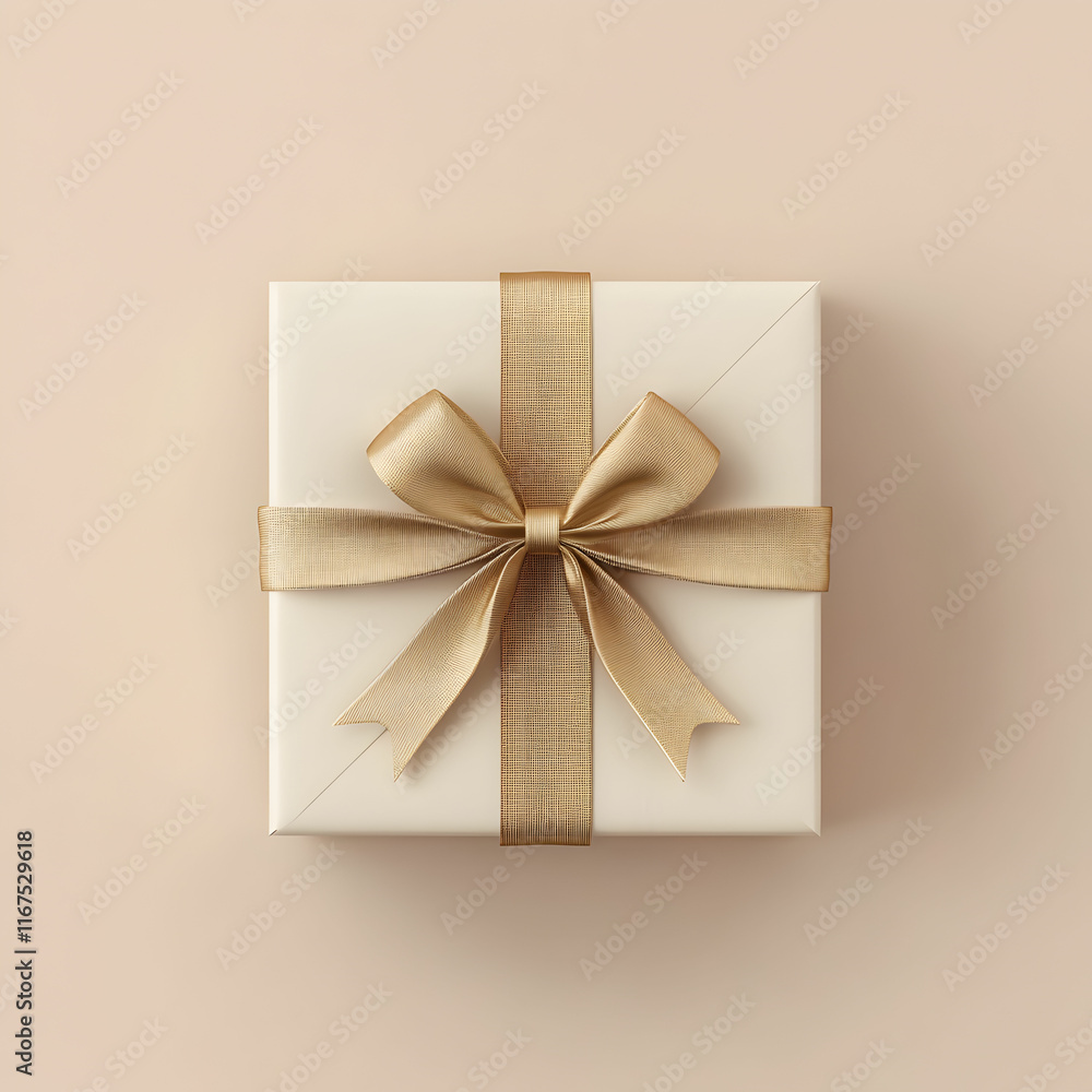 3D white gift box with golden ribbon on pastel cream beige background 3d render 3D white gift box with golden ribbon on pastel cream beige background 3d render