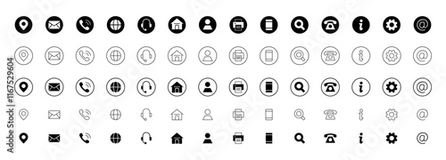 Business card icon set. Thin line Contact icons set. Included Phone, mail, fax, info, e-mail, support, location, service, search. Vector illustration.