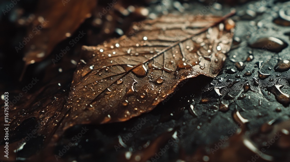 Close-up of wet autumn leaves with water droplets after rain Close-up of wet autumn leaves with water droplets after rain