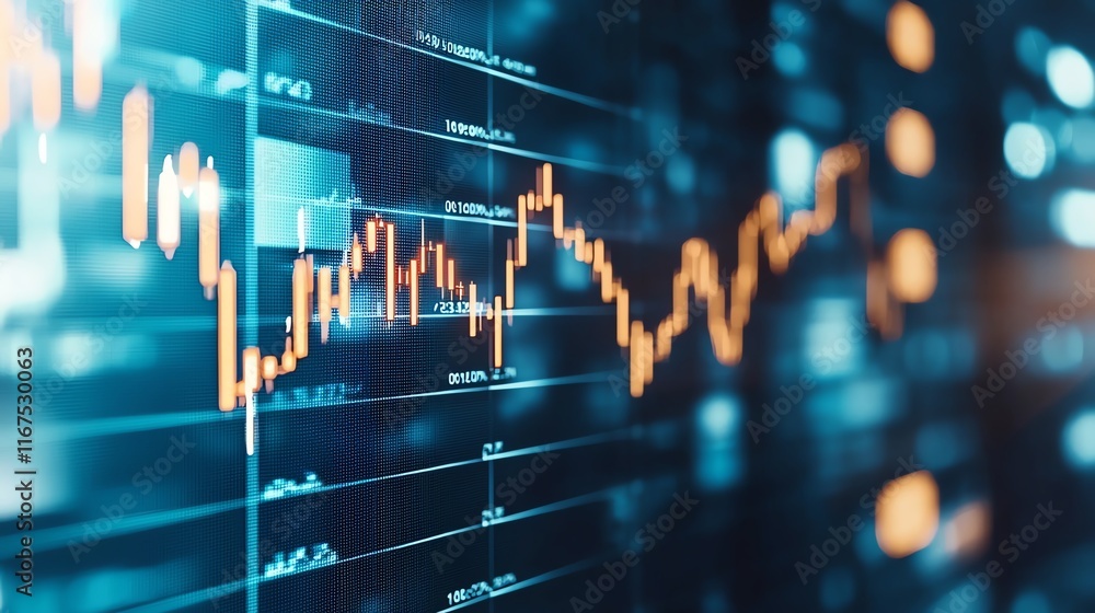 Digital display of stock market data with a glowing graph. The image captures the dynamic fluctuations of stock prices, essential for financial analysis and trading decisions.