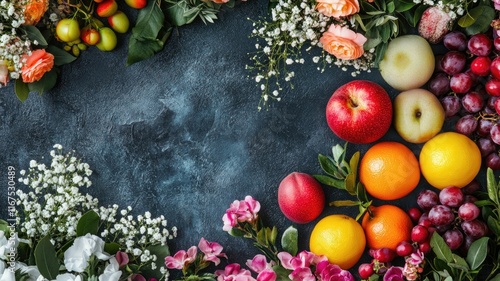 Wallpaper Mural Vibrant display of assorted fruits and flowers on dark background Torontodigital.ca