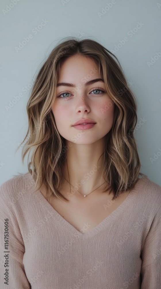 Confident and Captivating Young Female Model Posing in Soft Neutral Tones for a Beautiful Portrait Showcasing Her Natural Beauty and Elegant Style Confident and Captivating Young Female Model Posing in Soft Neutral Tones for a Beautiful Portrait Showcasing Her Natural Beauty and Elegant Style