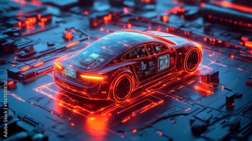 A futuristic electric car illuminated by glowing circuits on a digital landscape, showcasing advanced technology and sleek design. A futuristic electric car illuminated by glowing circuits on a digital landscape, showcasing advanced technology and sleek design.
