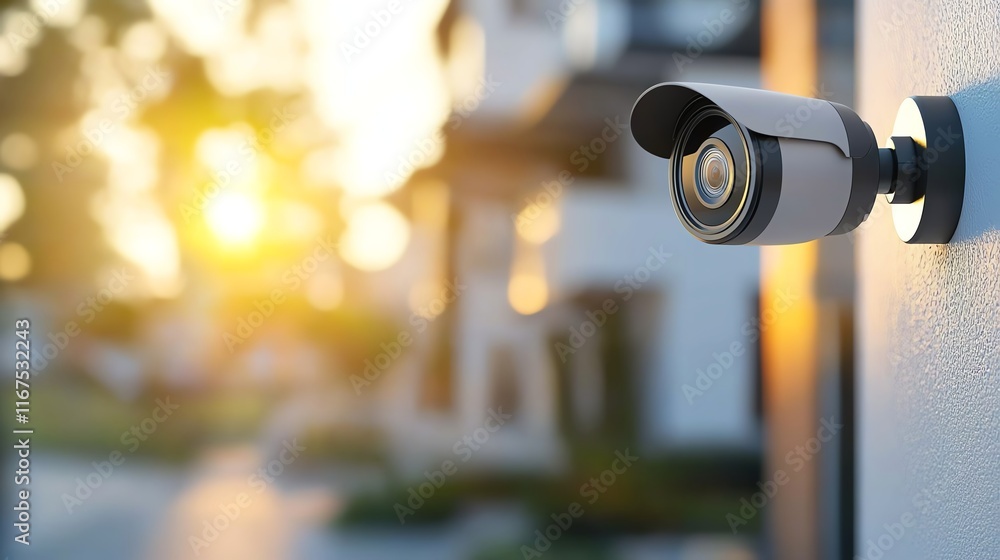 Close-up of a modern security camera mounted on a wall with a sunny background. The image highlights surveillance technology used for safety and monitoring purposes.