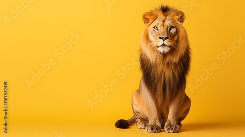 Majestic Male Lion Sitting Against Yellow Background photo