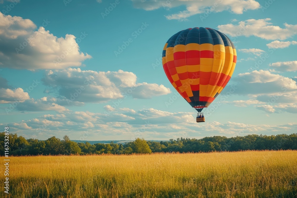 Naklejka premium Colorful hot air balloon gracefully floats above a golden field under a serene blue sky