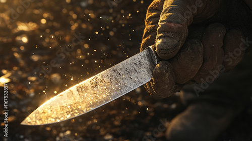 Close-up of a worker's hand forging a sharp knife blade amid glowing sparks symbolizing craftsmanship hard work and the transformation of raw materials into tools of precision and resilience

 photo