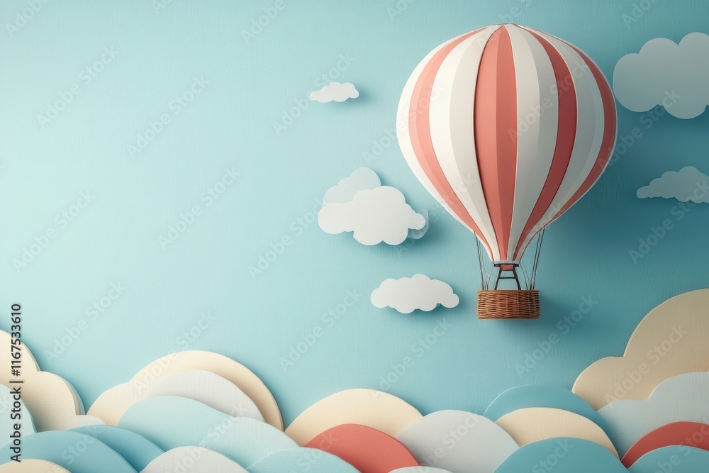 Obraz premium A whimsical hot air balloon gliding above pastel-colored clouds in a dreamy sky