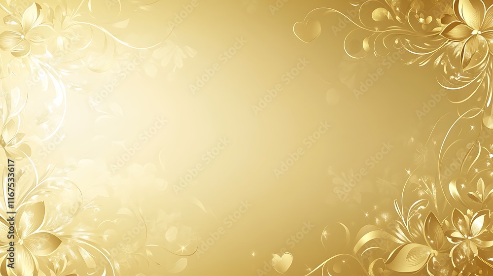 Golden Floral Background with Elegant Flourishes and Hearts Golden Floral Background with Elegant Flourishes and Hearts