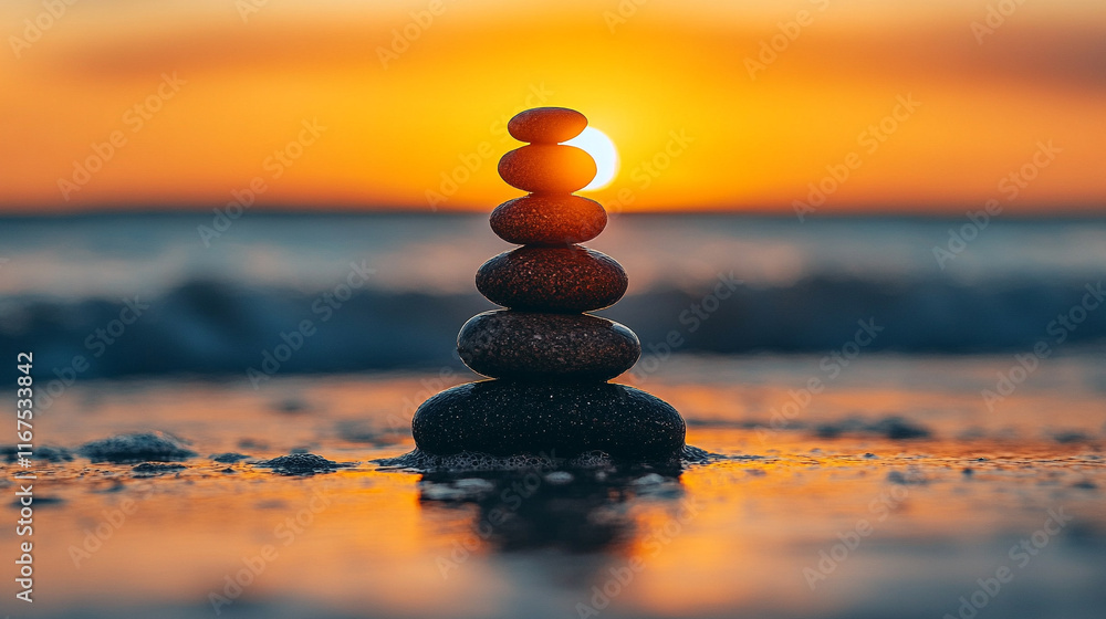 Zen stones stacked on a serene beach at sunset creating a calming ambiance representing balance and harmony amidst nature's movement conveying tranquility and spiritual mindfulness
Zen stones stacked on a serene beach at sunset creating a calming ambiance representing balance and harmony amidst nature's movement conveying tranquility and spiritual mindfulness