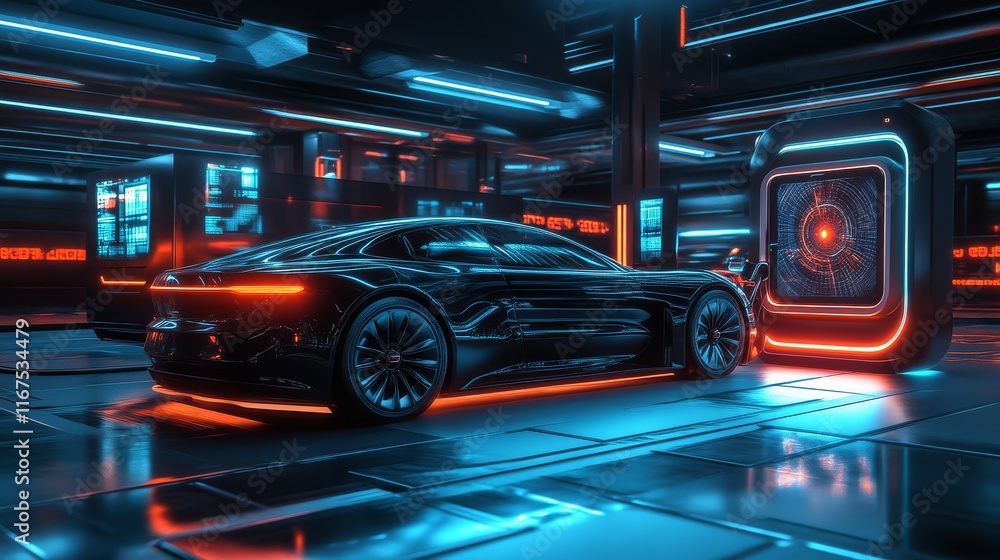 Fototapeta premium A sleek black sports car illuminated by vibrant neon lights in a futuristic, high-tech environment.