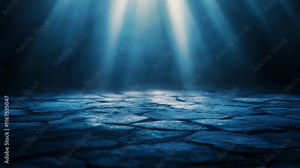 Moody underwater scene with light beams penetrating the surface, casting a tranquil, mystical glow over rocky ocean floor. Moody underwater scene with light beams penetrating the surface, casting a tranquil, mystical glow over rocky ocean floor.